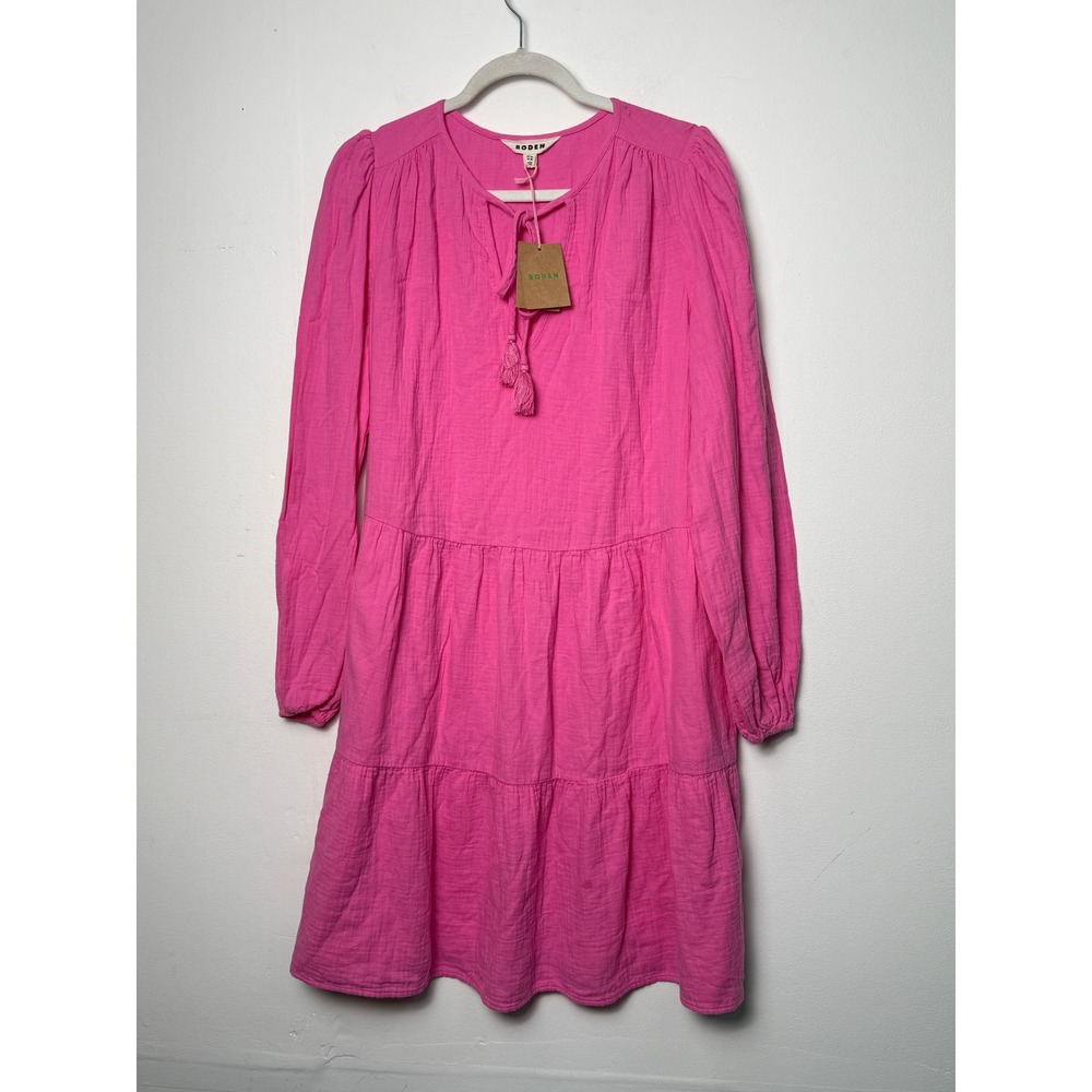 Boden Womens Hot Pink Tiered Crinkle Gauze Tassel Dress US 12L NWT